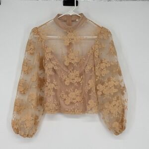 Peach Lace Sheer Blouse Mock Neck Puff Sleeve Romantic Top M As Is